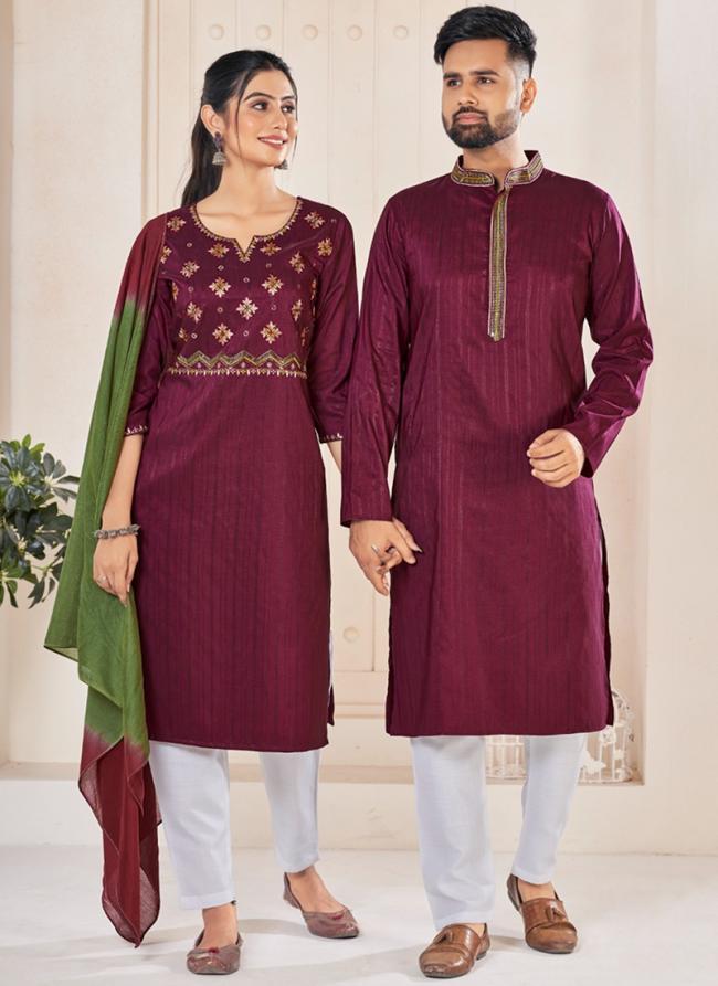 Pure Viscose Burgandy Festival Wear Embroidery Work Readymade Couple Combo Set